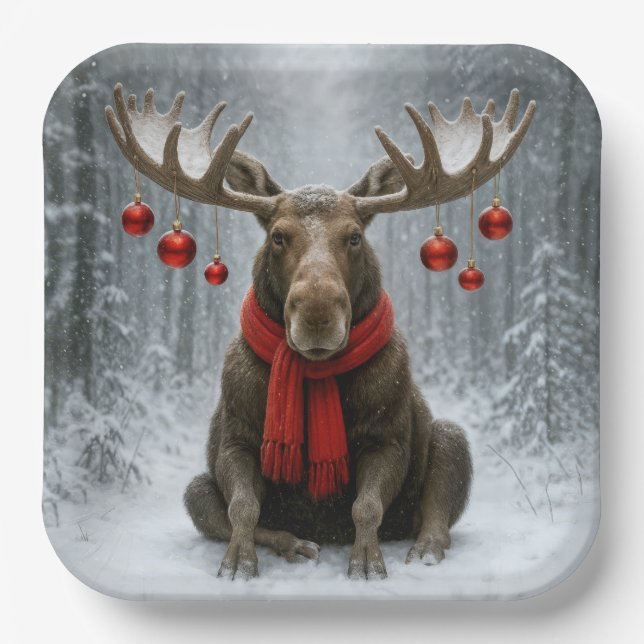 Plato De Papel Alce de Navidad en un Bosque Nevado (Anverso)