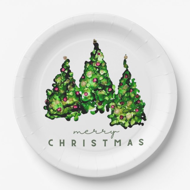 Plato De Papel Alcohol Ink Design Holiday Chrismas TrePaper Plate (Anverso)