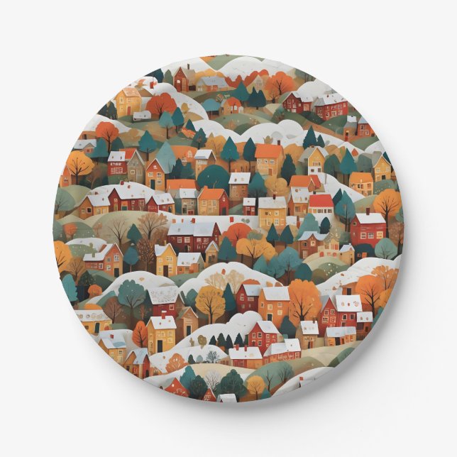 Plato De Papel Aldea del Collage de Papel de otoño (Anverso)