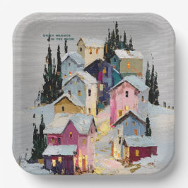 Plato De Papel Aldea invernal colorida con impasto en la nieve