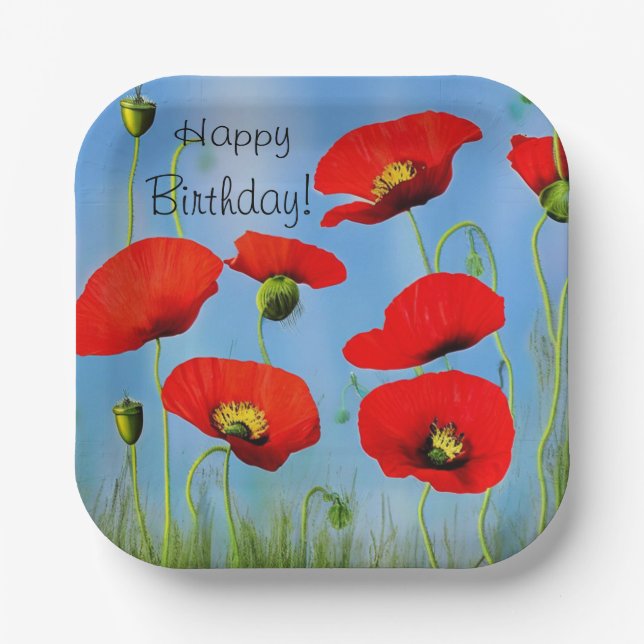 Plato De Papel Alegre amapola de cumpleaños (Anverso)