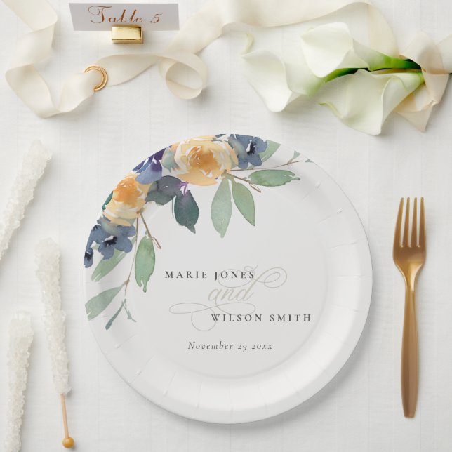 Plato De Papel Alegre Boda de acuarela floral amarilla (Boda)