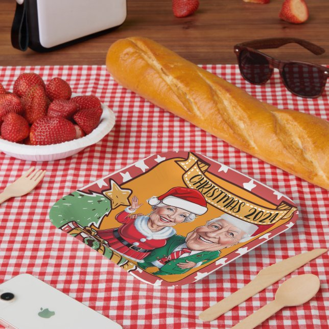 Plato De Papel Alegre Pareja de Caricatura Roja y de Oro (Picnic)