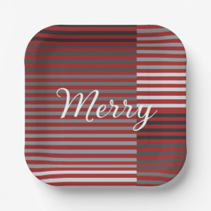 Plato De Papel Alegre -Rojo, Gris, Negro, Rayas Blancas