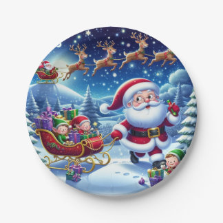 Plato De Papel Alegre Santa con Navidades de Sleigh y Elves