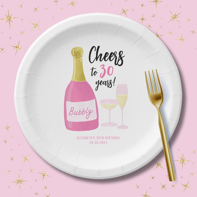Plato De Papel Alegres rosas a 30 años, burbujeante fiesta de 30  (Cheers to 30 years plate.  30th birthday party range with pink sparkling fizz champagne )