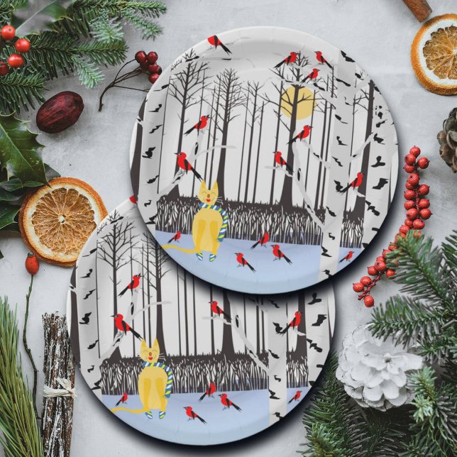 Plato De Papel Alegría de invierno - Gato con cardenales de Birch (Subido por el creador)