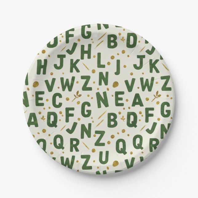 Plato De Papel Alfabeto Clásico Verde Bosque (Anverso)