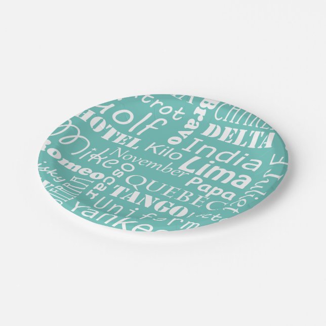 Plato De Papel Alfabeto fonético azul y blanco (Angular)