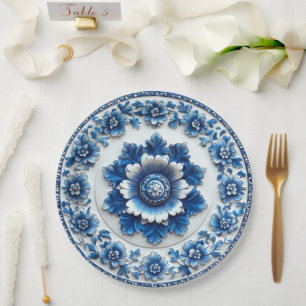 Plato De Papel Alfarería Floral Azul Elegante Inspirada