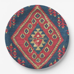 Plato De Papel Alfombra Turca Kilim Tapete Antiguo Rojo Azul