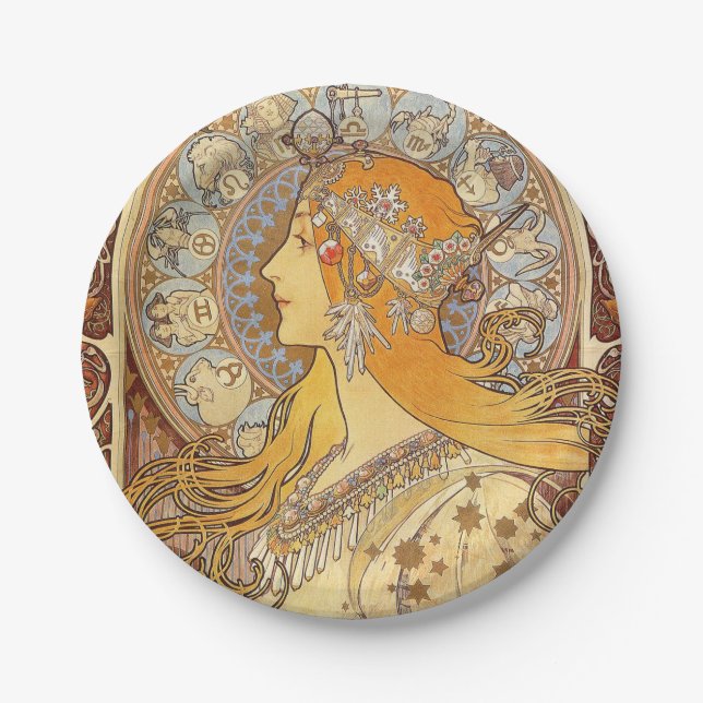 Plato De Papel Alfonse Mucha Zodiac Art Nouveau Mujer (Anverso)