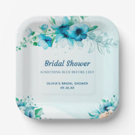 Plato De Papel Algo Azul Acuarela Floral Despedida de Soltera 