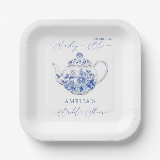 Plato De Papel Algo Blue Bridal Shower Toile Teapot (Anverso)