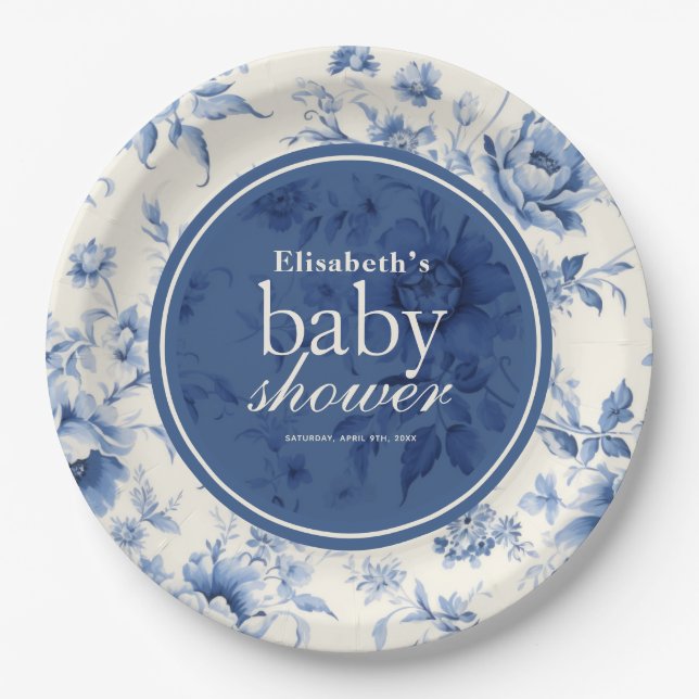 Plato De Papel Algo de Blue Floral French Toile Baby Shower (Anverso)