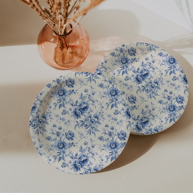 Plato De Papel Algo de Blue Floral French Toile Chinoiserie (Something Blue Floral French Toile Chinoiserie Paper Plates)