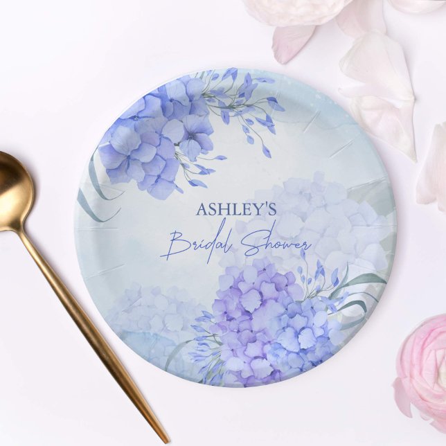 Plato De Papel Algo de hortensias azules elegante ducha de novia (Something blue before i do bridal shower blue hydrangeas personalized floral paper plates)