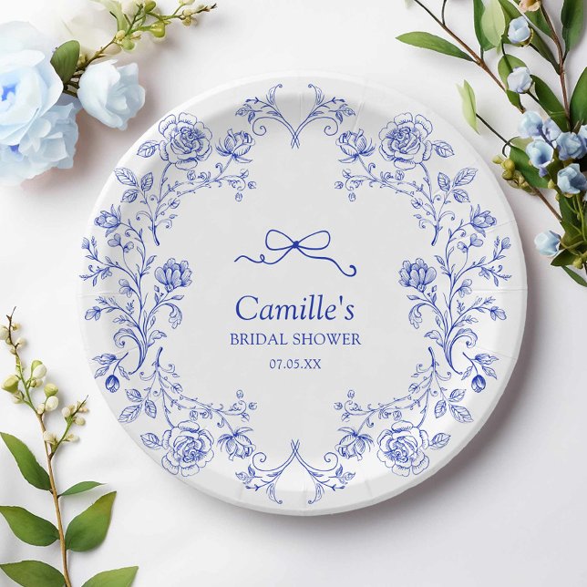 Plato De Papel Algo Floral Azul ducha de novia (Something Blue Bow Bridal Shower Paper Plates)