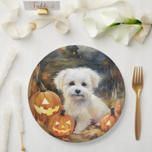 Plato De Papel Algodón De Tulear De Halloween Con Calabazas Asust