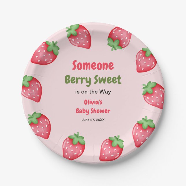 Plato De Papel Alguien Berry Sweet Pink Strawberry Baby Shower (Anverso)