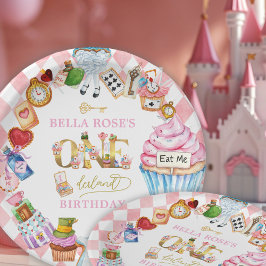 Plato De Papel Alice in Wonderland 1st birthday Pink 