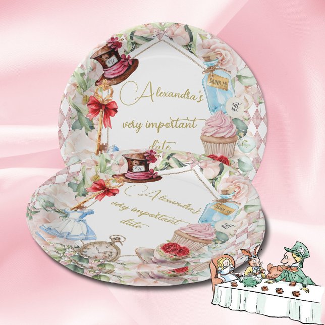 Plato De Papel Alice In Wonderland Tema Floral Pink Personal (Subido por el creador)