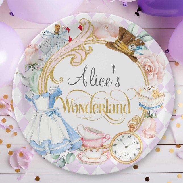 Plato De Papel Alice Wonderland mad hatter tea fiesta cumpleaños  (Purple mad hatter, tea party, Alice in wonderland, birthday paper plate.)