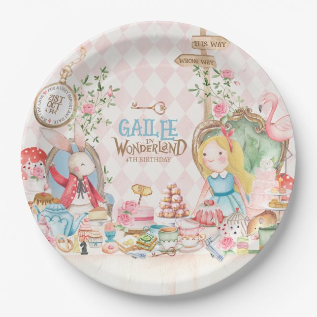 Plato De Papel Alicia aventuras en Woderland Birthday Tea Fiesta (Anverso)