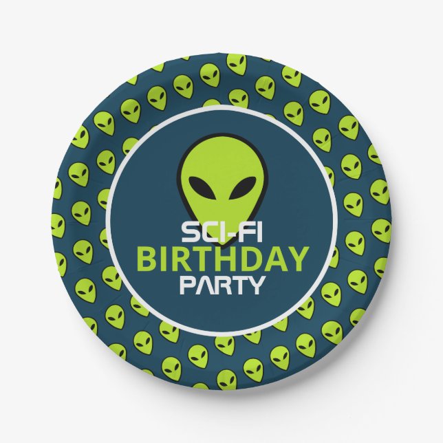 Plato De Papel Alien de Ciencia Ficción Verde, cumpleaños (Anverso)