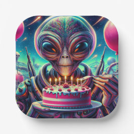 Plato De Papel Alien extraterrestre comiendo pastel de cumpleaños