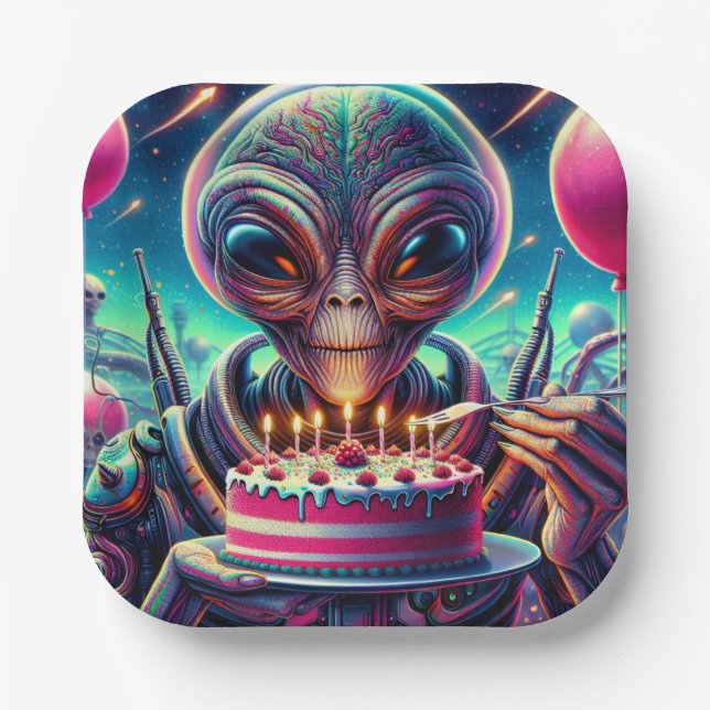 Plato De Papel Alien extraterrestre comiendo pastel de cumpleaños (Anverso)