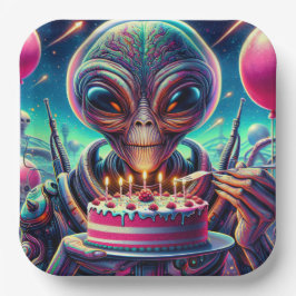 Plato De Papel Alien extraterrestre comiendo pastel de cumpleaños
