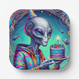 Plato De Papel Alien sostiene pastel de cumpleaños