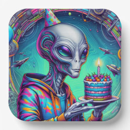 Plato De Papel Alien sostiene pastel de cumpleaños