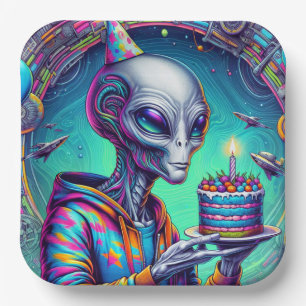Plato De Papel Alien sostiene pastel de cumpleaños