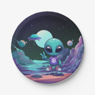 Plato De Papel Alien y barco espacial por la paz
