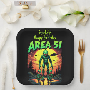 Plato De Papel Alienígenas Neón Brillantes Vigilan el Área 51