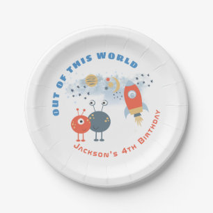Plato De Papel Aliens Spaceship Moon Stars Boy 4º fiesta de cumpl
