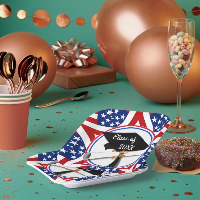 Plato De Papel All American Grad - Blanco rojo y azul en estrella (Multi)