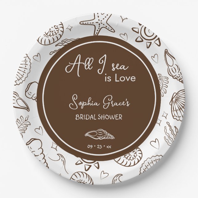 Plato De Papel All I Sea is Love Brown Seashells Doodles  (Anverso)