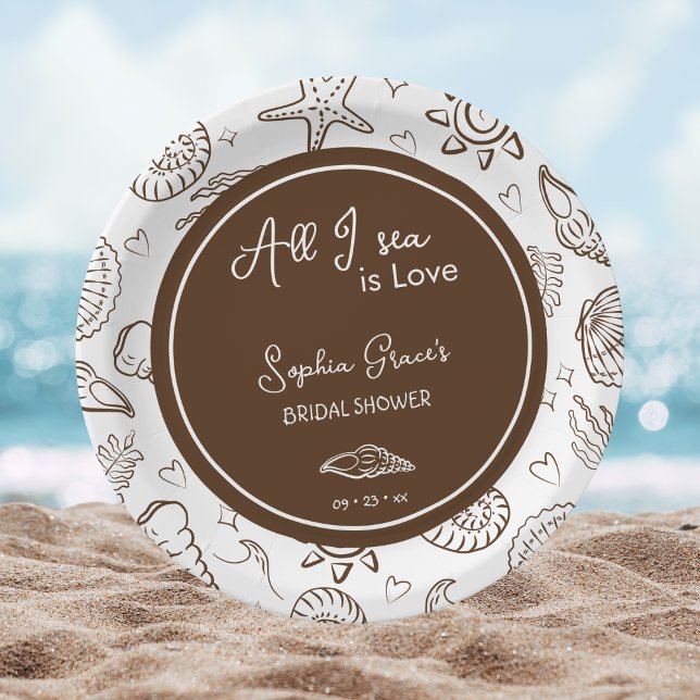 Plato De Papel All I Sea is Love Brown Seashells Doodles  (Subido por el creador)