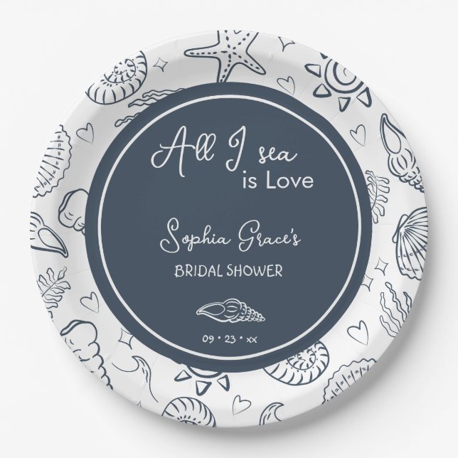 Plato De Papel All I Sea is Love Navy Blue Seashells Doodles  (Anverso)