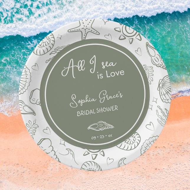 Plato De Papel All I Sea is Love Sage Green Seashells Doodles  (Subido por el creador)