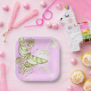 Plato De Papel Almohada decorativa de mariposa rosa limón lima