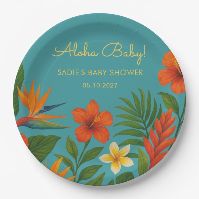 Plato De Papel Aloha Baby! Chic Tropical Baby Shower (Anverso)