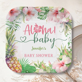 Plato De Papel Aloha Baby Shower Tropical Luau Chica Rosa