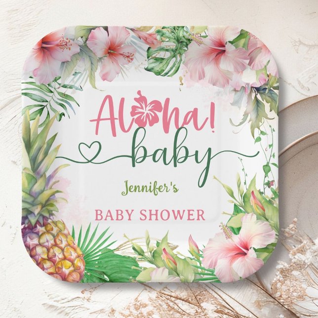 Plato De Papel Aloha Baby Shower Tropical Luau Chica Rosa (Subido por el creador)