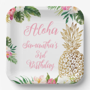Plato De Papel Aloha Birthday Luau Hawaiian Gold Pineapple