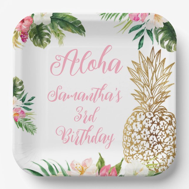 Plato De Papel Aloha Birthday Luau Hawaiian Gold Pineapple (Anverso)