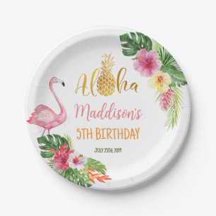 Plato De Papel Aloha Birthday Pineapple Tropical Floral Flamingo